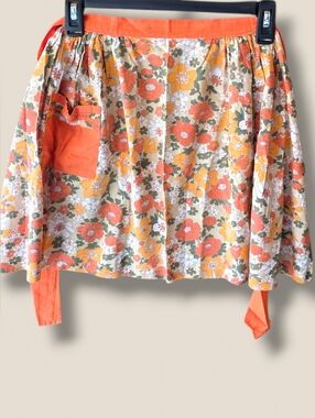 Vintage Floral Half Apron with Orange Trim